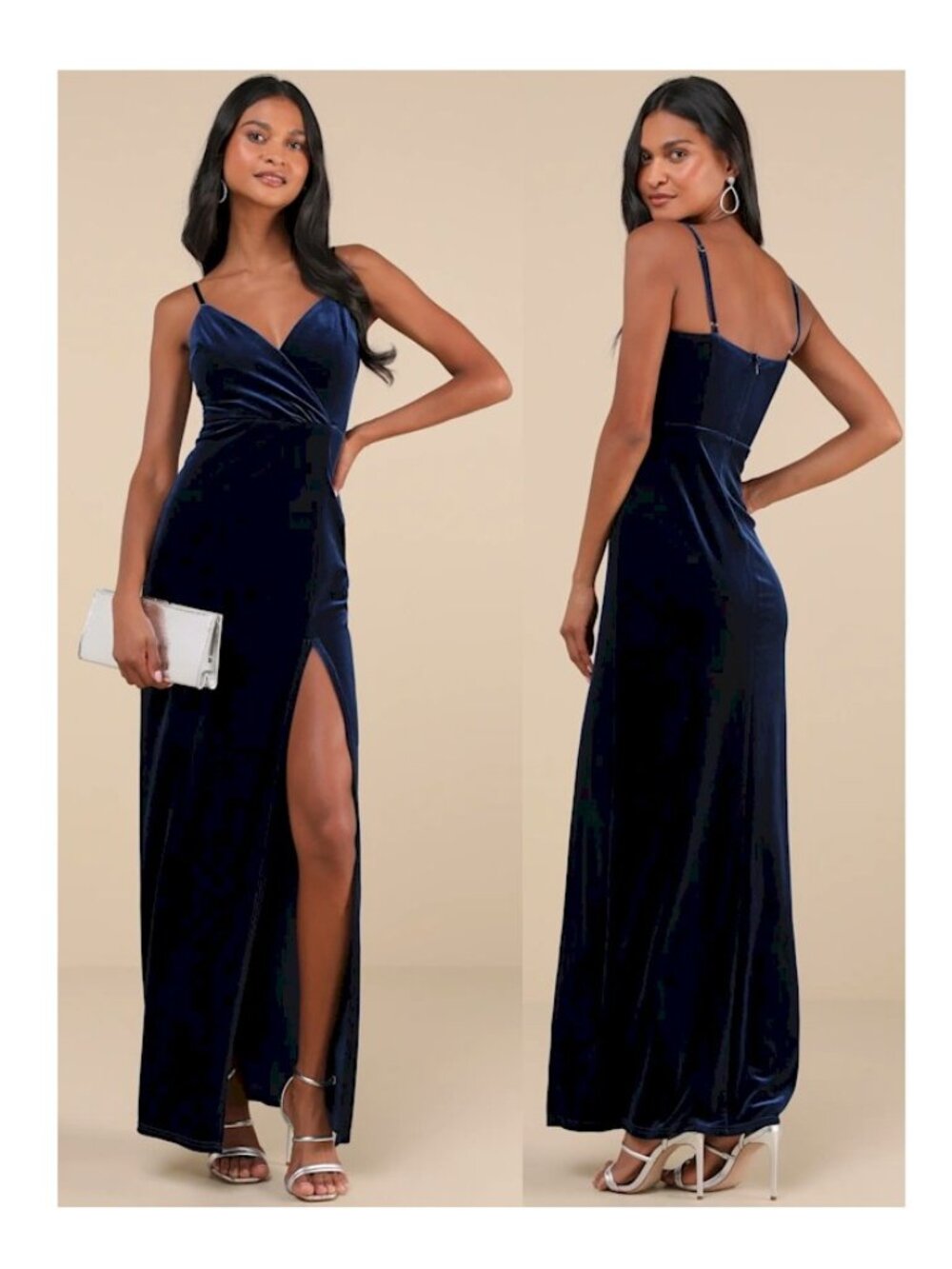Navy Velvet Spaghetti-Strap Evening Gown